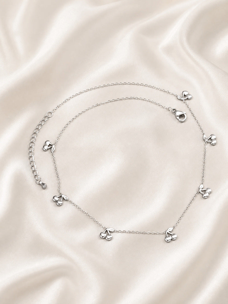 Girls Sweet & Delicate Clavicle Chain Stainless Steel Flat Cross Chain 3 Cherry Necklace