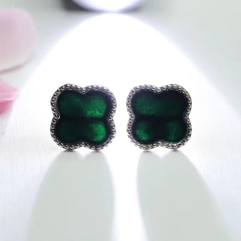 Emerald Jade Clover Earrings in Sterling Silver