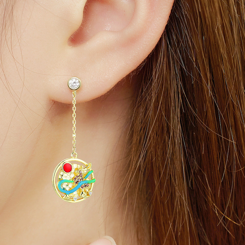 Coloured Deer Tassel Round Pendant Zircon Sterling Silver Drop Earrings