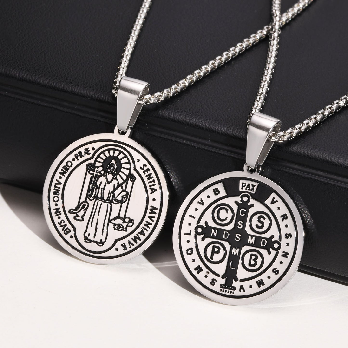 Men's Round Brand Pendant Necklace in Glossy Black Steel