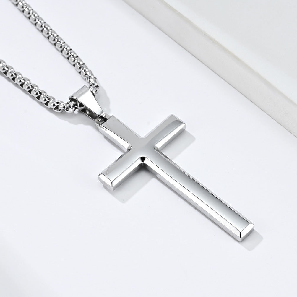 Simple Beveled Stainless Steel Cross Pendant Necklace for Men