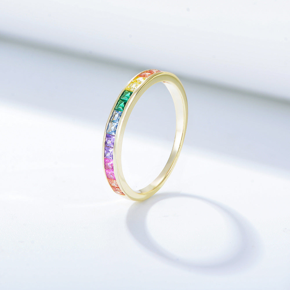 Accessories S925 Sterling Silver Micro-Inlaid Square Rainbow Zircon Ring Jewelry