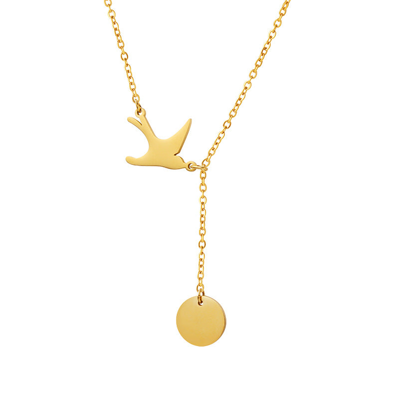 Korean Swallow Tassel Round Pendant Necklace - Adjustable Titanium Gold-Plated Clavicle Jewelry