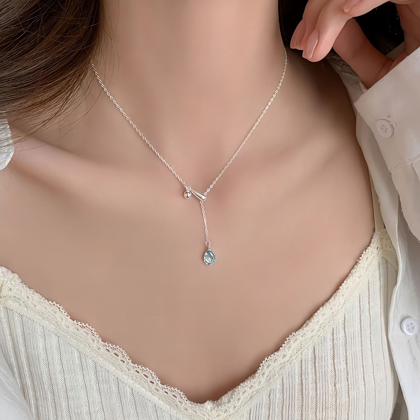 S925 Sterling Silver Blue Water Drop Necklace Women's Accessories