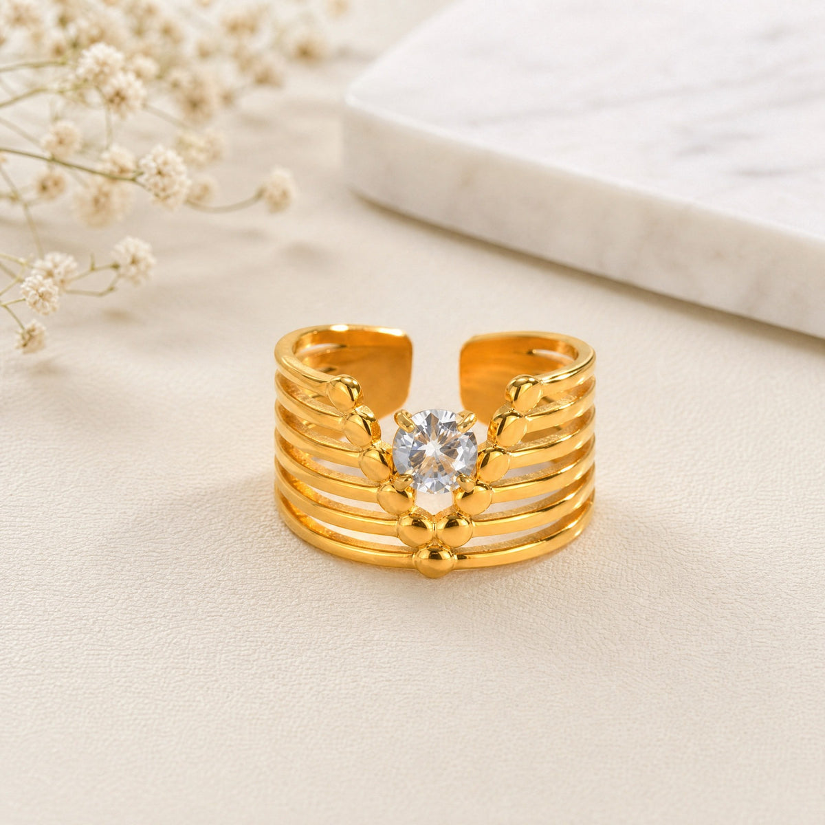 Ladies Gold Stainless Steel V-Shaped White Zirconium Open Ring Rhombus