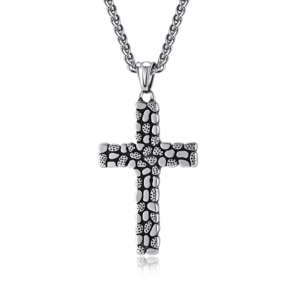 Cross-Border European And American Retro Pebble Titanium Steel Cross Necklace For Men