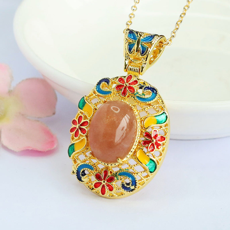 Orange Moonstone Enamel Petal Pendant — No Chain