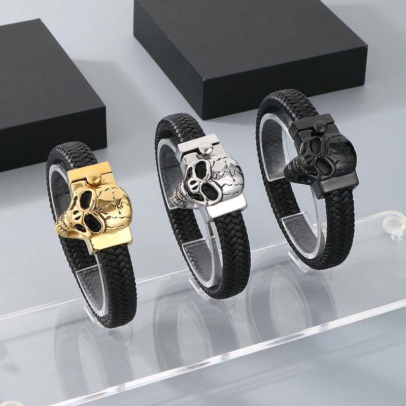 Planderful Wolf Head Leather Bracelet For Men Personalized