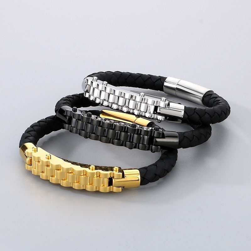 Business Style Strap Chain Woven Leather Rope Bracelet – Stainless Steel Bicycle Chain