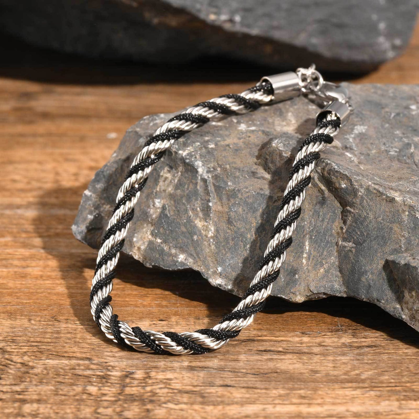 Stainless Steel Black Braided Rope Twist Bracelet Planderful