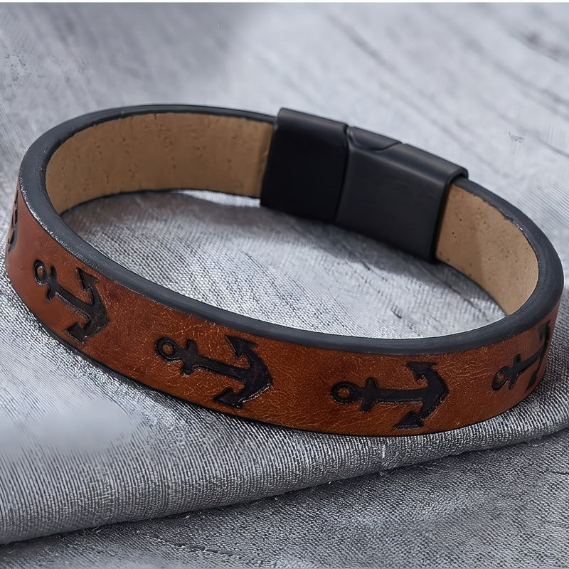 Western Nautical Anchor Cross Leather Rope Bracelet 10mm Embossed Totem Imitation