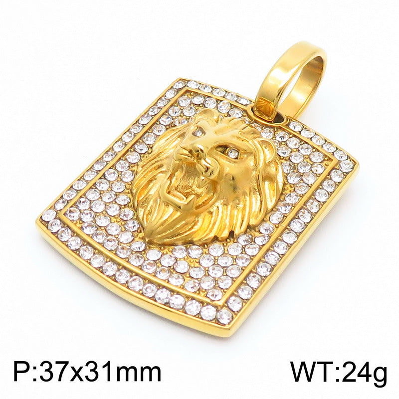 Hip-Hop Style Stainless Steel Lion Head Pendant with Zircon Accents for Men