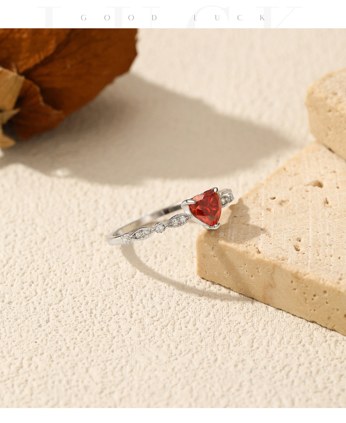S925 Sterling Silver Red Moissanite Heart Ring