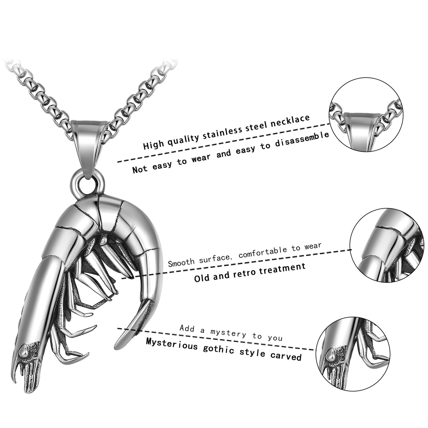 Stainless Steel Necklace – Vintage Men's Shrimp Pendant