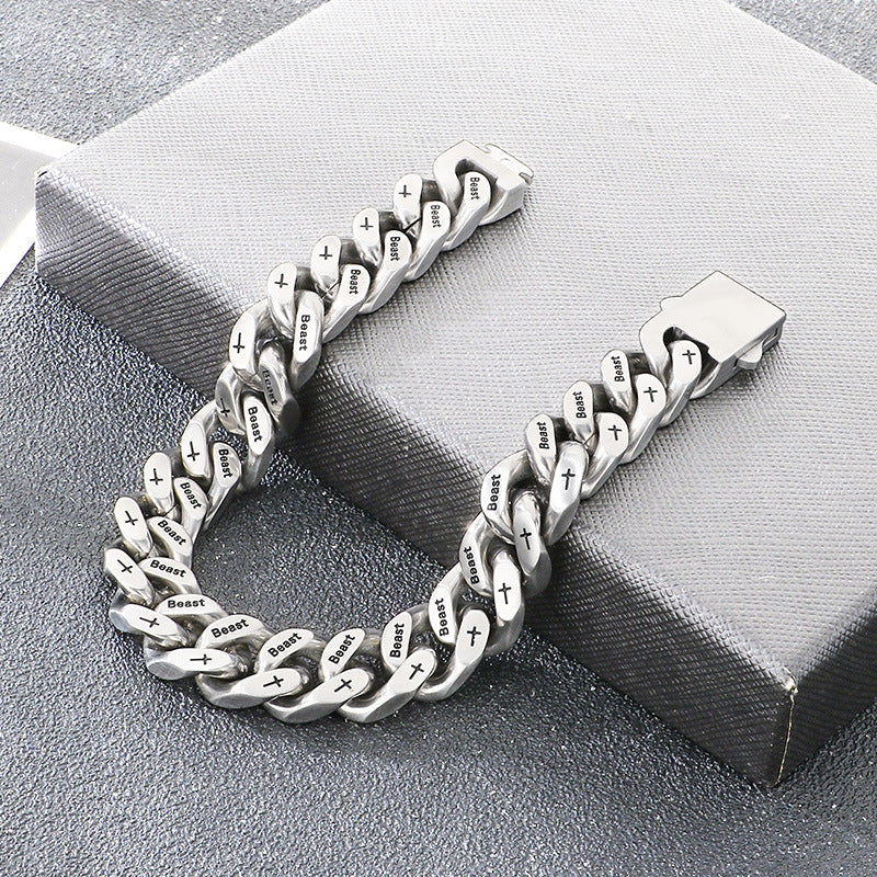 Niche Hip Hop Cross Beast Bracelet – Stainless Steel Engraved La Sand Cuban Chain Men's