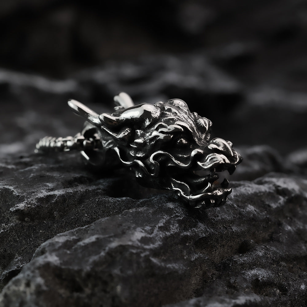 European And American Retro Stainless Steel Dragon Head Pendant Necklace For Men
