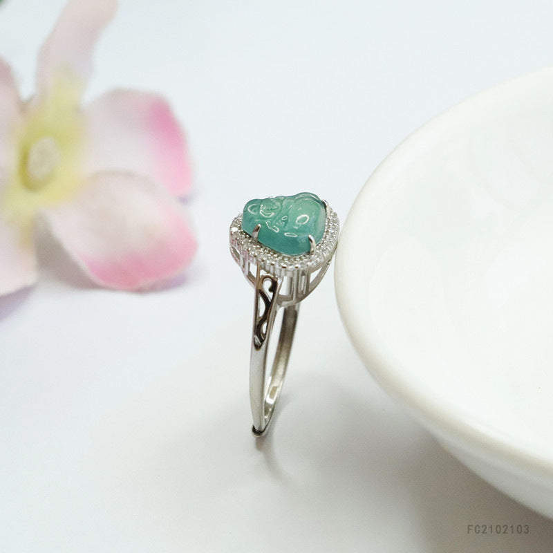 Icy Blue Jadeite Buddha Halo 925 Silver Ring