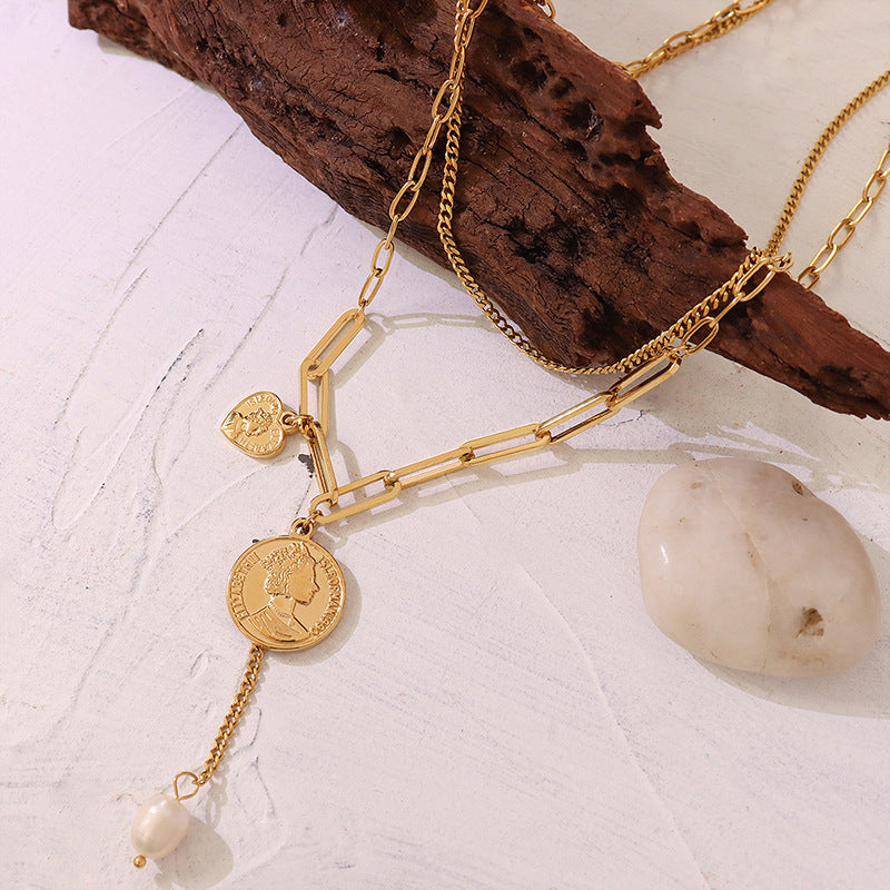 Golden Double-Layer Portrait Pendant Necklace with Niche Design and Lock Bone Chain