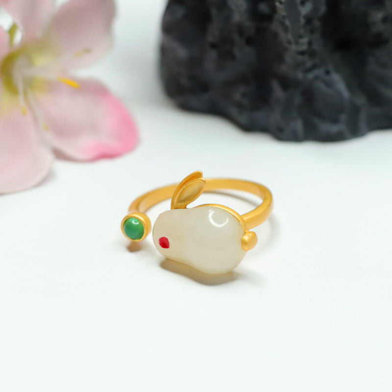 White Hetian Jade Rabbit 925 Silver Ring