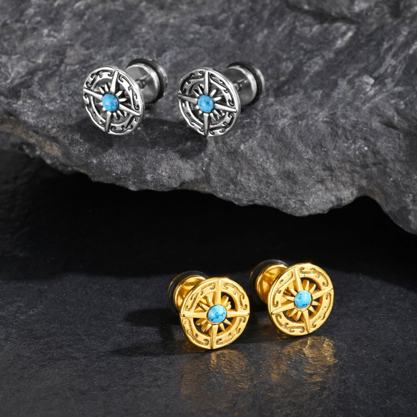 Planderful Turquoise Compass Stud Earrings Stainless For Men