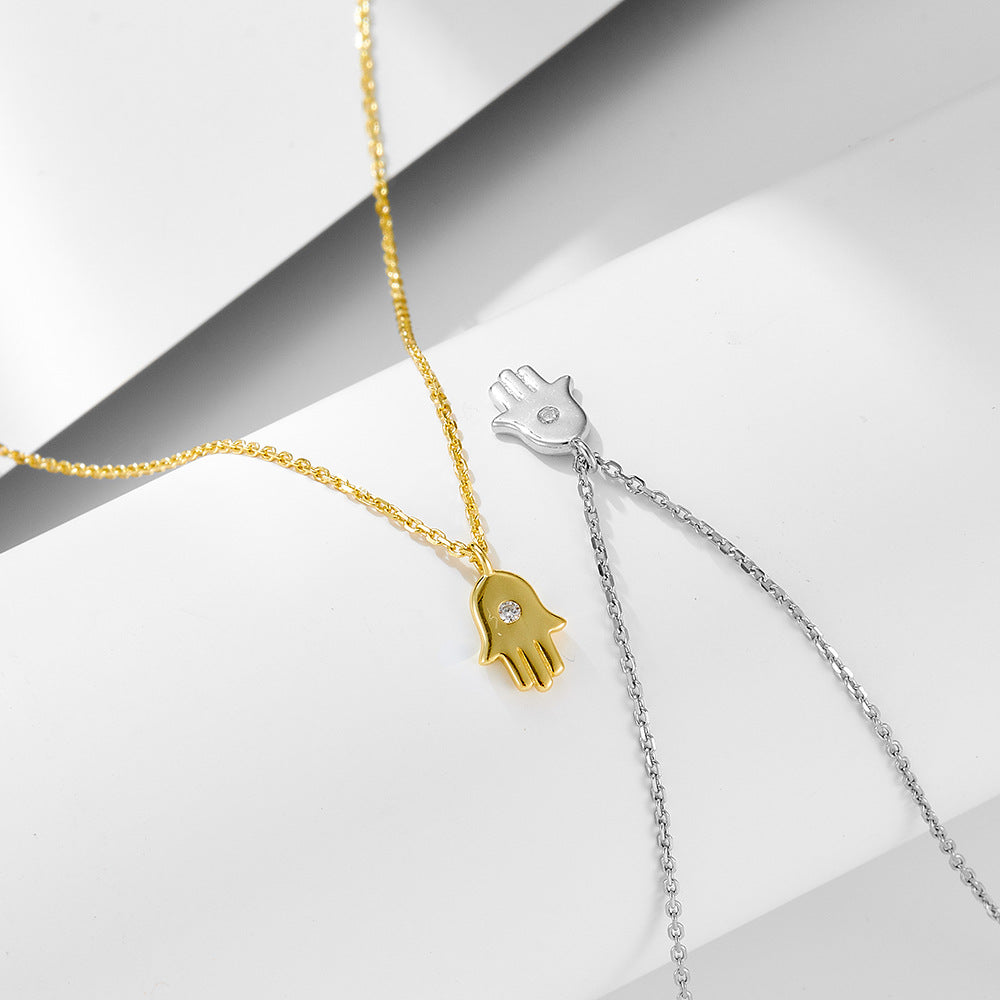 Design Sense Creative Palm Necklace S925 Sterling Silver Evil Hand Inlaid Zircon Women Pendant