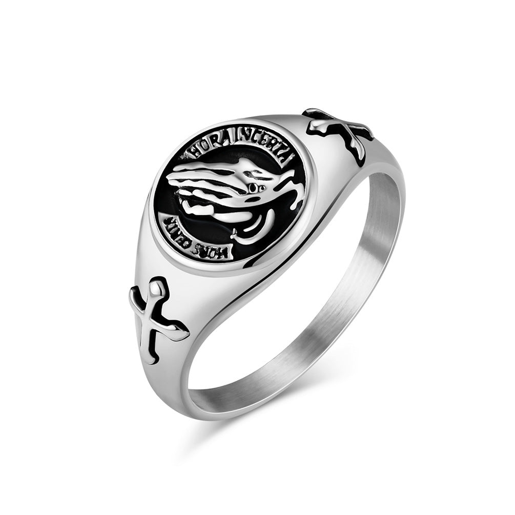 Cross-Border European and American Style Prayer Hand Cross Titanium Steel Ring Men's and Women's Wedding Ring