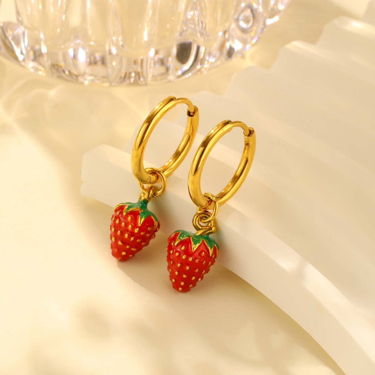 Red Strawberry Charm Gold-Tone Hoop Earrings