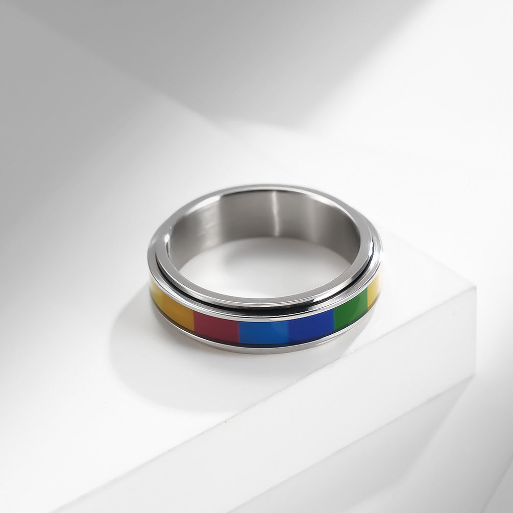 Planderful Rainbow Rotating Titanium Steel Ring For Men And Women Gender Free Fashion Jewelry Size 7 To 12