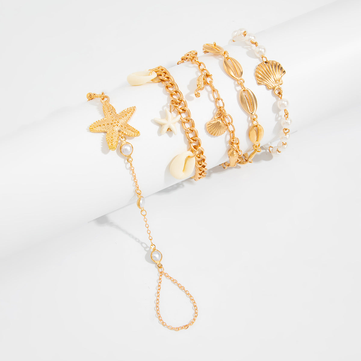 Ocean-Style Shell Tassel Finger Bracelet Vacation Seahorse And Starfish Shape Layered Pearl