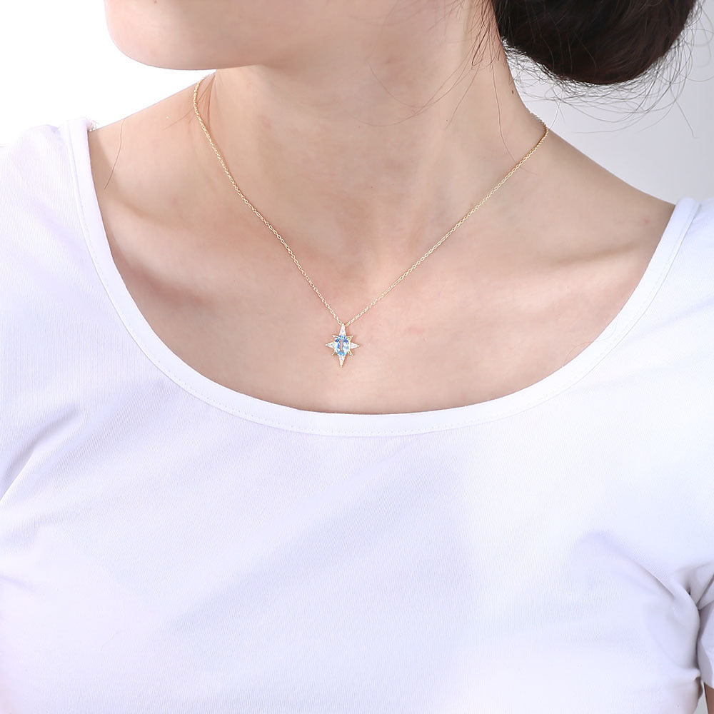 S925 Sterling Silver Octagram Pendant Sky Blue Natural Topaz Necklace
