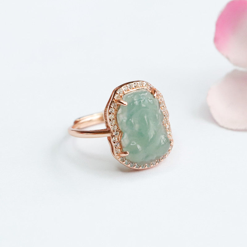 Natural Ice Blue Green Jade Pixiu Sterling Silver Ring