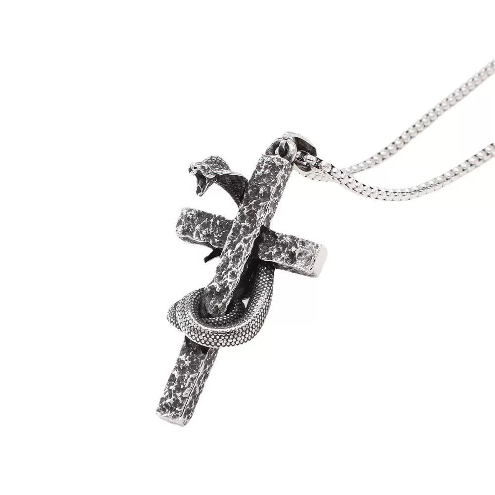 Planderful Everyday Genie Mens Punk Cross Snake Necklace Durable Titanium Steel Urban Pendant