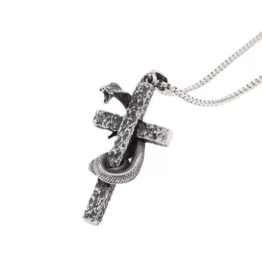 Planderful Everyday Genie Mens Punk Cross Snake Necklace Durable Titanium Steel Urban Pendant