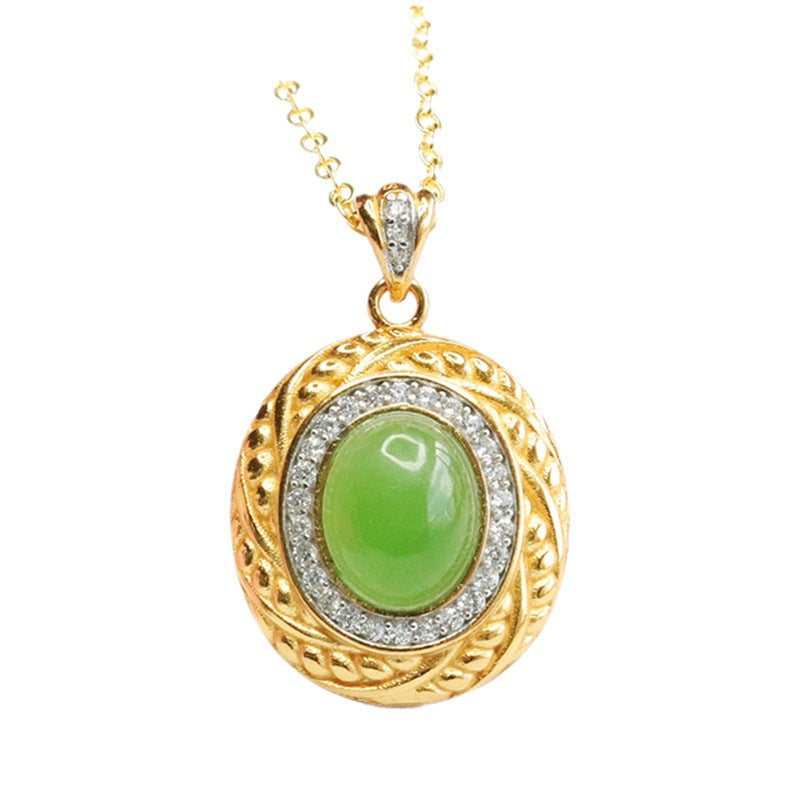 Vintage Antique Necklace with Hotan Jade and Zircon Oval Pendant