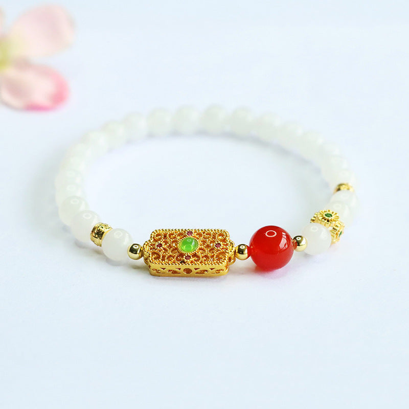 White Hetian Jade & Red Agate Beaded Bracelet
