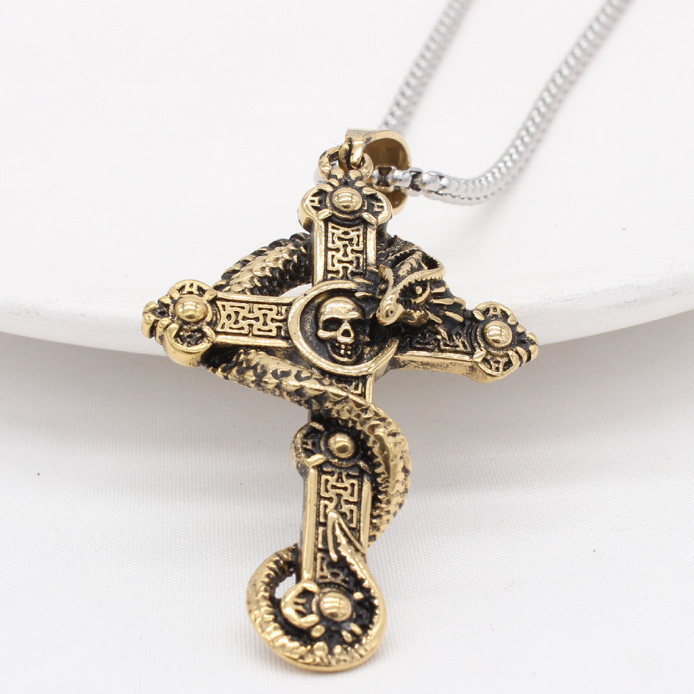 Customizable Retro Dragon Skull Cross Pendant for Men in Titanium Steel - European & American Style
