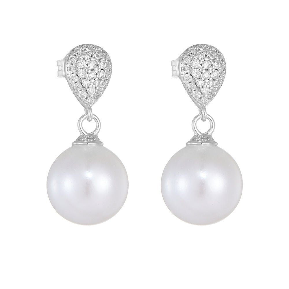 Round Pearl Pendant Zircon Water Droplet Sterling Silver Drop Earrings
