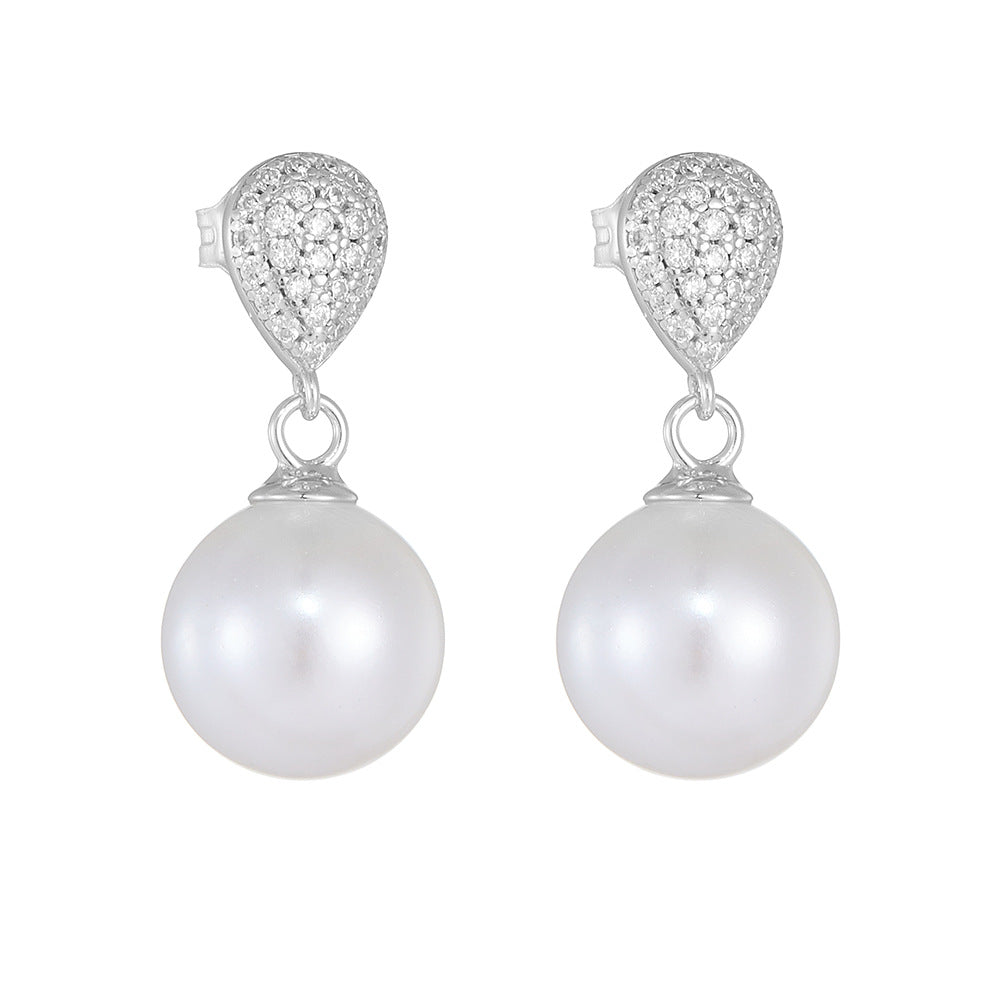 Round Pearl Pendant Zircon Water Droplet Sterling Silver Drop Earrings