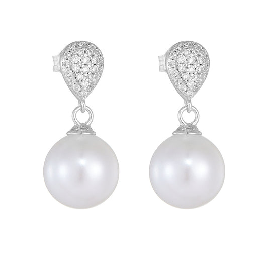 Round Pearl Pendant Zircon Water Droplet Sterling Silver Drop Earrings