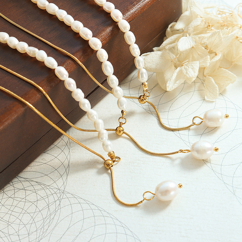 Elegant Snake Bone Chain Necklace with Freshwater Pearls