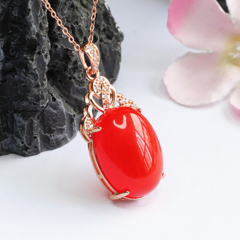 Rose Gold Necklace with Agate Pendant and Zircon Accents