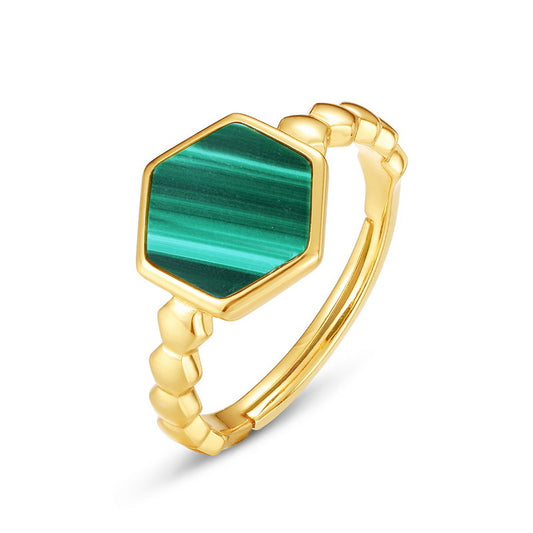 Hexagonal Green Malachite Honeycomb Opening Sterling Silver Ring