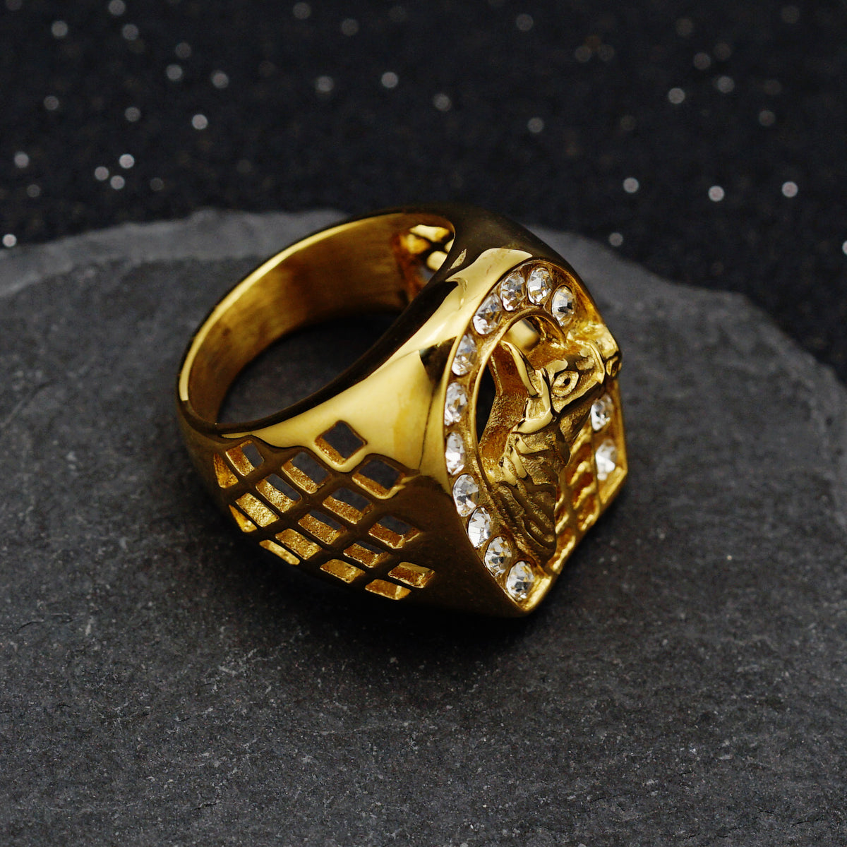 Planderful Titanium Hip Hop Ring Men Horsehead Gold Zircon