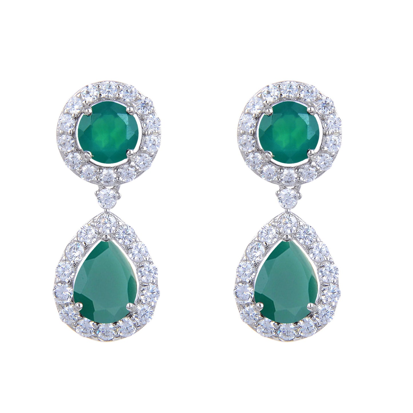 Soleste Halo Round Shape and Pear Shape Natural Gemstone Silver Drop Earrings