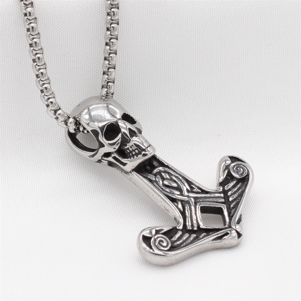 Titanium Steel Viking Skull Pendant - Nordic Mythology Inspired Retro Jewelry for Men