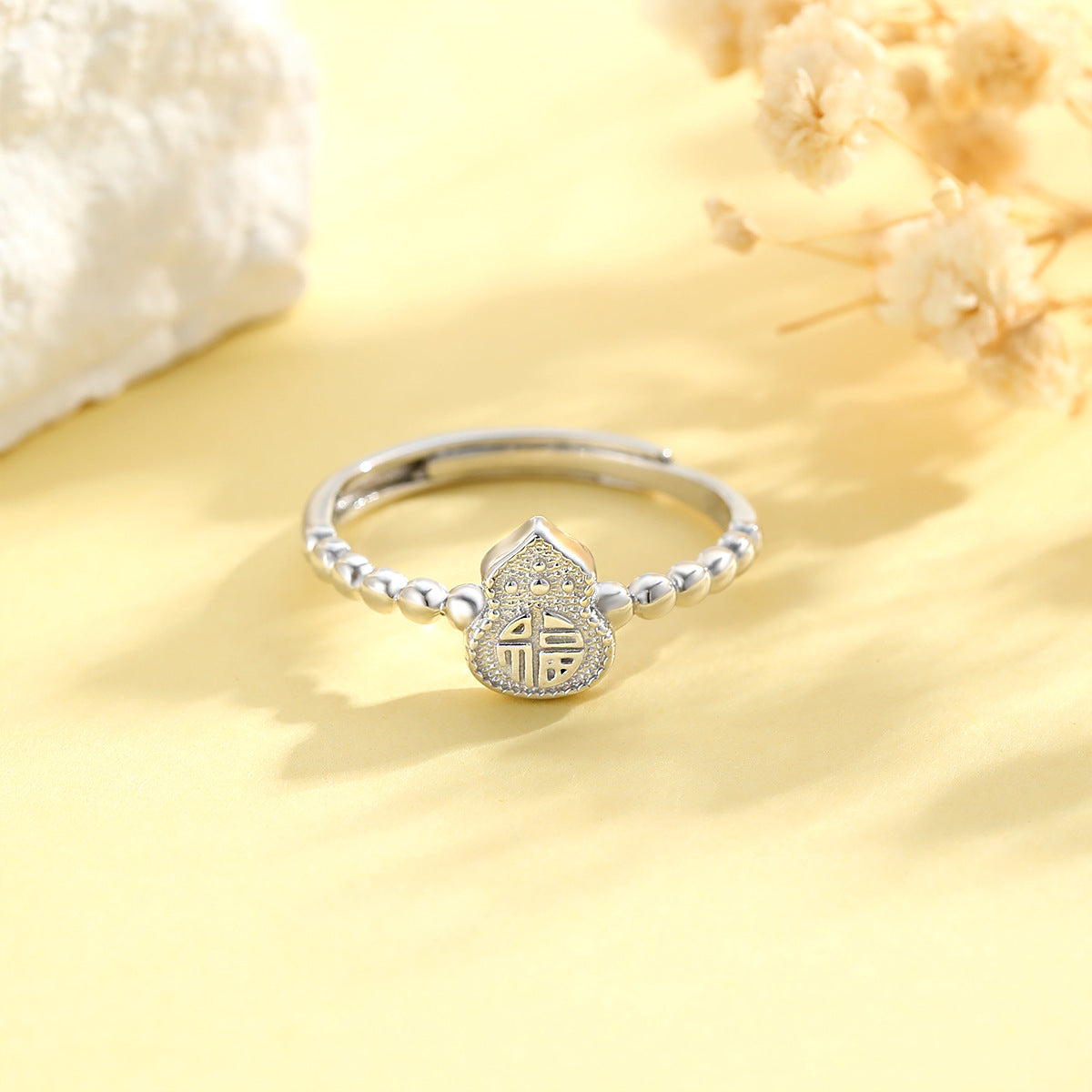 Sterling Silver Ring For Women Luxurious Adjustable National Style Gourd Blessing Word Planderful