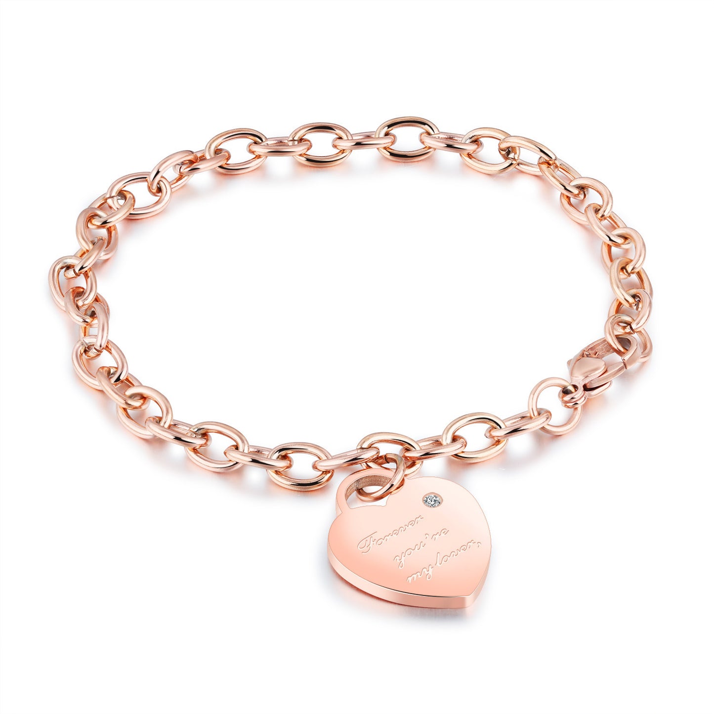 Planderful Jewelry Rose Gold Plated Titanium Steel Bracelet Bamboo Chain With Zircon Heart Personalizable
