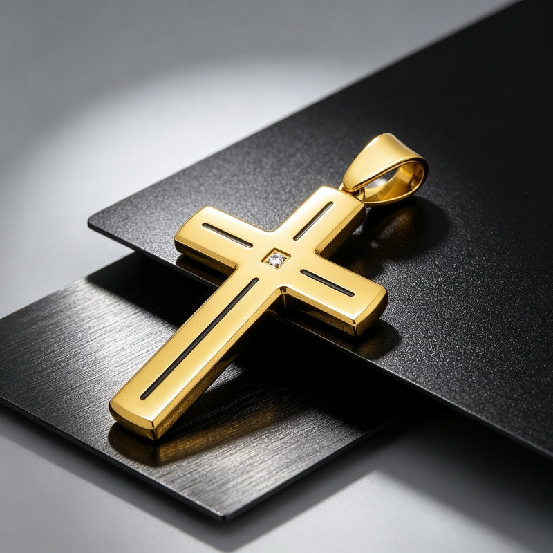 Popular Slotted Line Zircon Cross Titanium Steel Pendant Retro Contrasting Color Stainless Steel Necklace