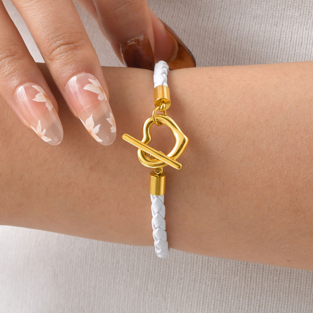 Ladies Stainless Steel Flower Ot Buckle White Microfiber Leather Bracelet Gold