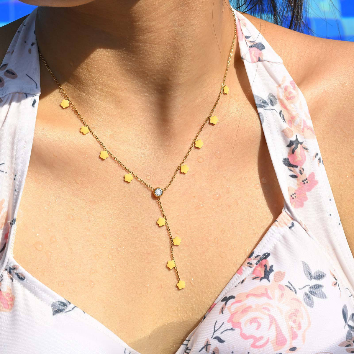 Stainless Steel Zircon Floral Necklace